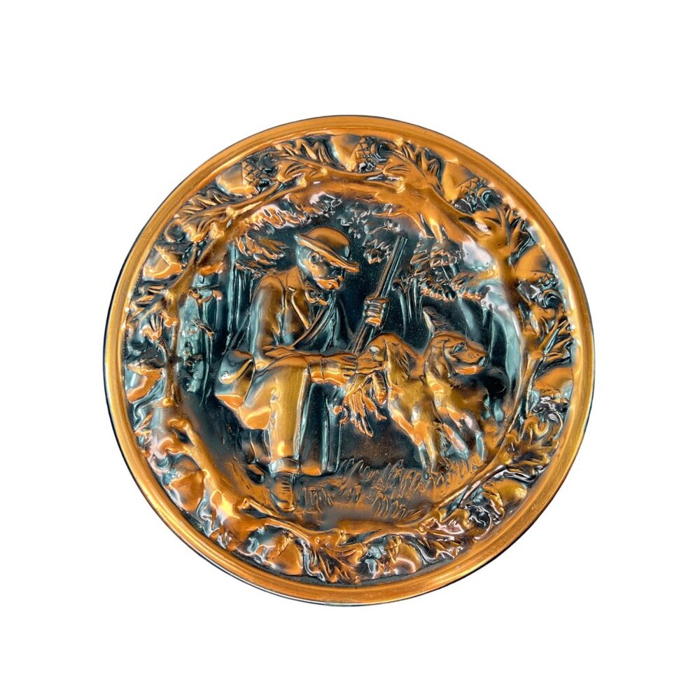 Vintage Coppercraft Relief Wall Hanging Plate Hunter & Dog Pheasant Duck Hunting